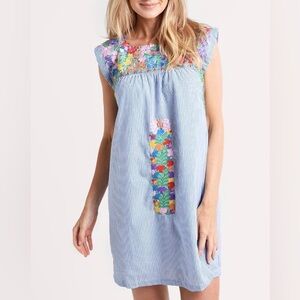 NWT - s - ANA MARIA DRESS - Colorful blue Striped embroidery women mini  Dress